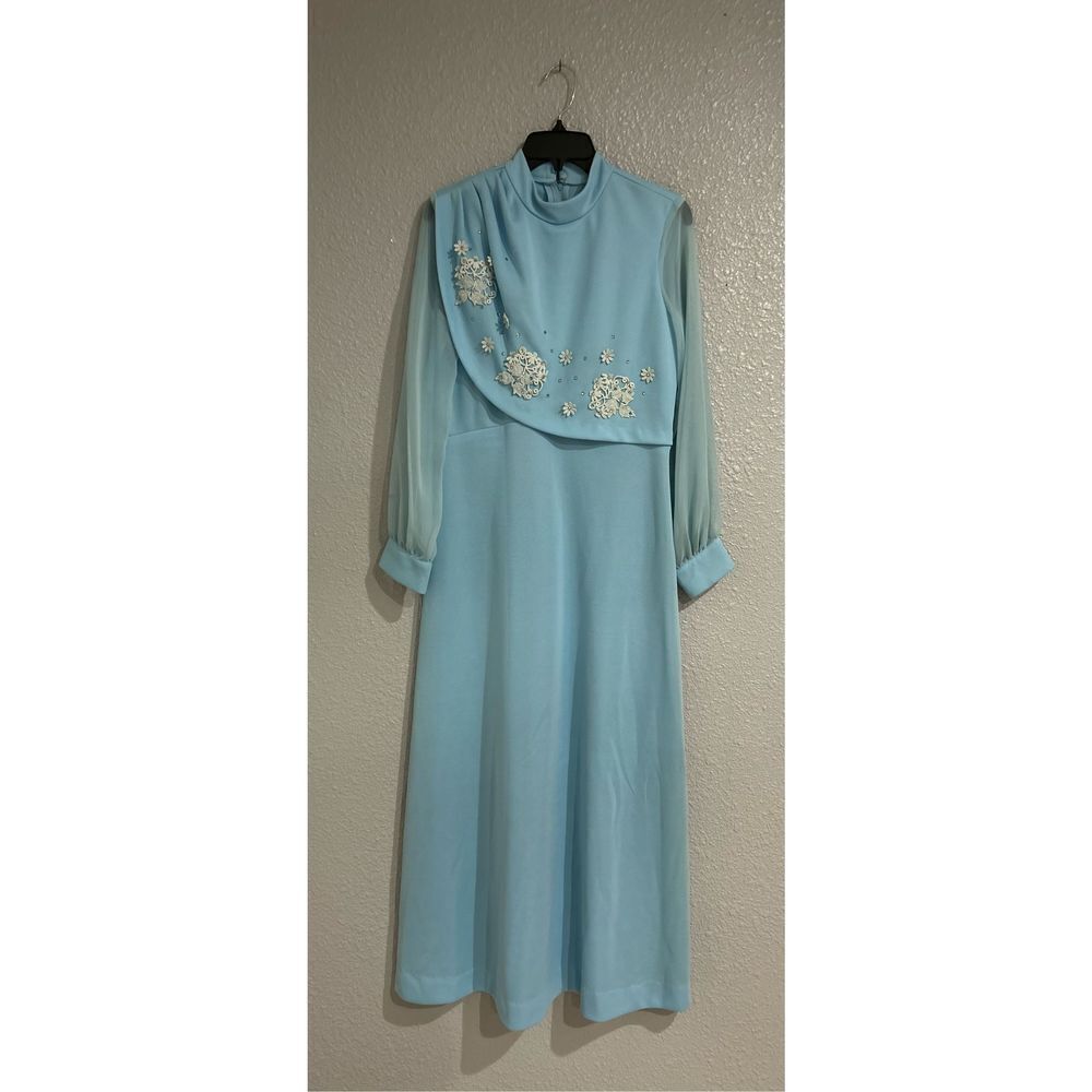 Vintage 70’s Sky Blue Floor Length Formal. Prom. Dance 
Pageant Style Sheer slee